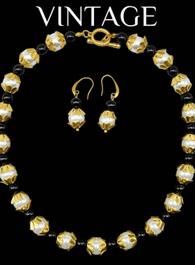 中古Vintage电镀真金重工百搭时尚气质撞色珍珠项链耳环网红套装