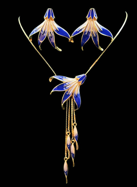 中古Vintage重工珐琅彩绘复古宫廷风优雅流苏项链耳钉高级感套装