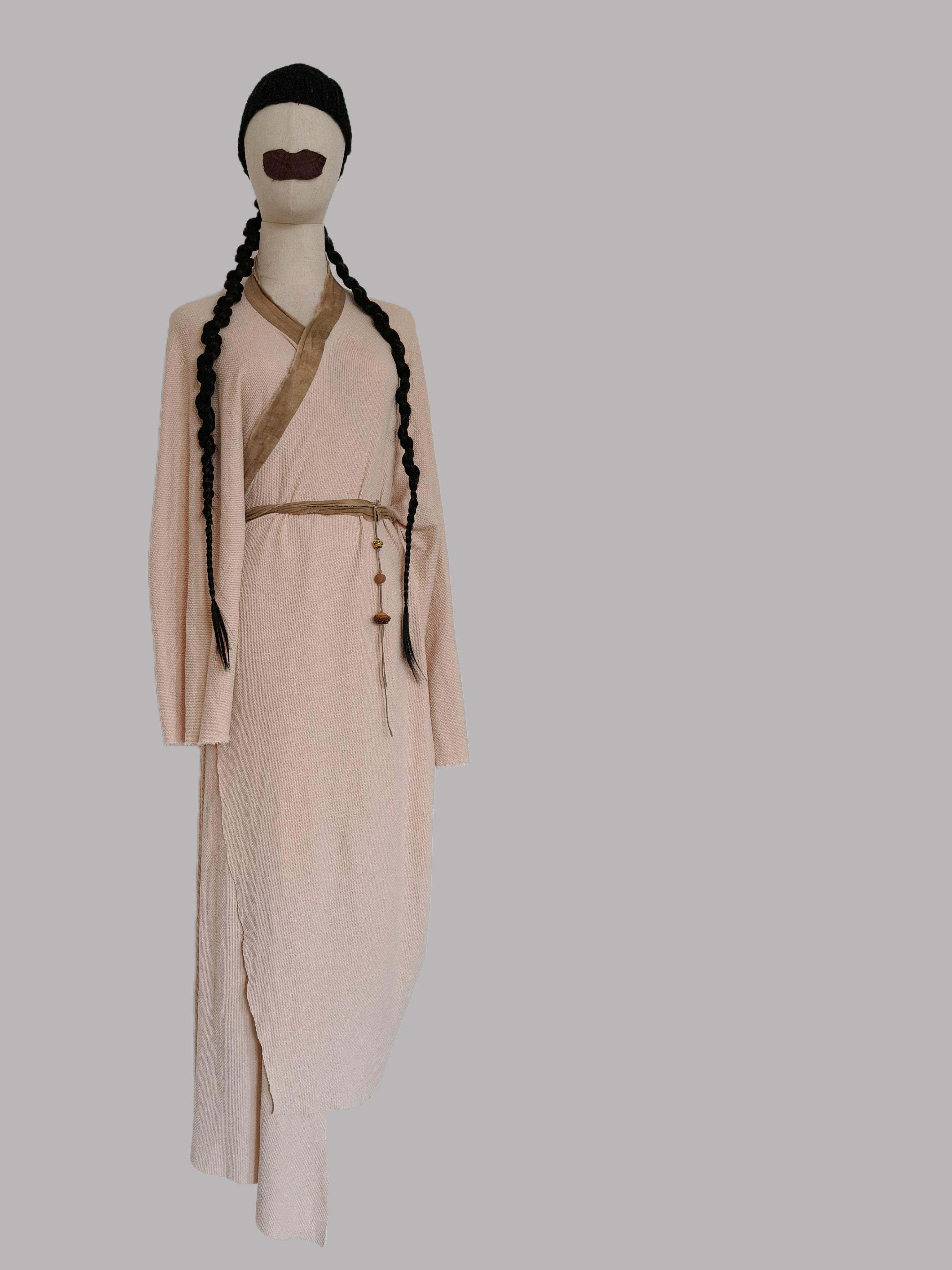 斜襟汉服外套长袍风衣藏袍 长袖曲裾大衣 茶服禅服 米色 春秋季