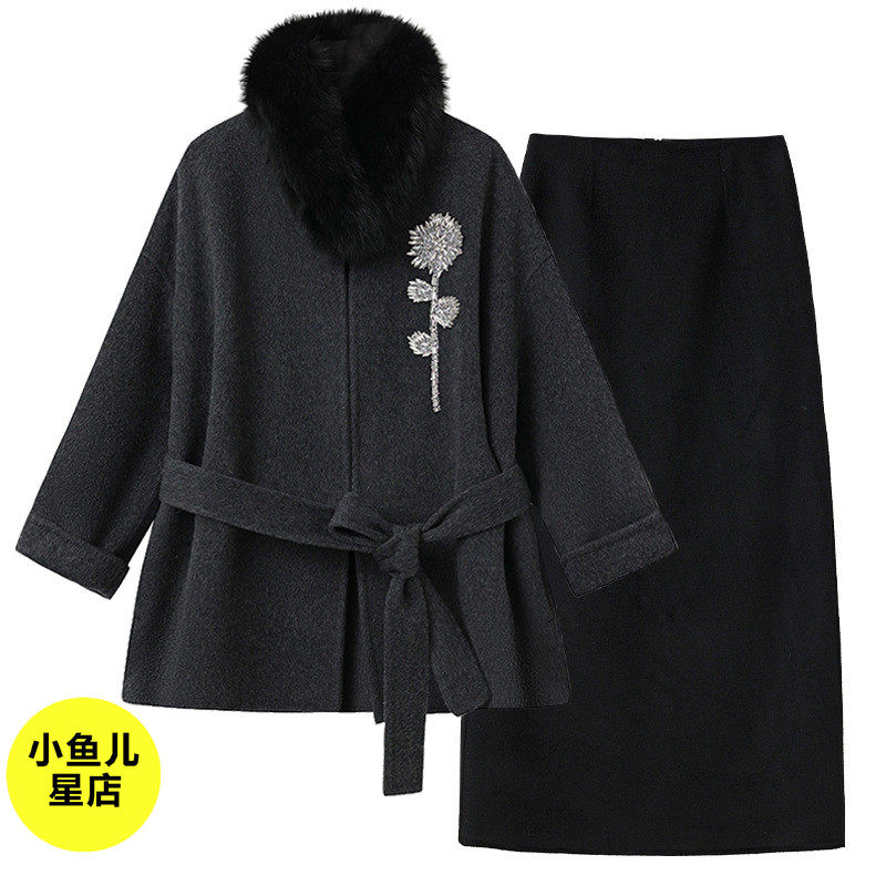 高端版新中式冬季精致新款钉珠绑带羊毛狐狸毛领大衣半裙时尚套装,女装/女士精品,汉服套装,淘宝优惠券,粉丝福利购,淘宝优惠卷