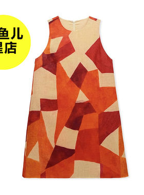 改良汉服复古撞色几何印花无袖连衣裙圆领后拉链A宽松背心短裙夏