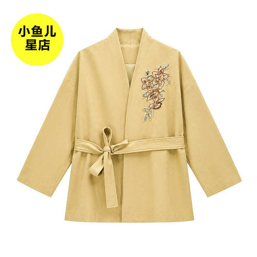 改良汉服新中式绑带收腰宽松设计外套女V领重工钉珠绣花高端大衣
