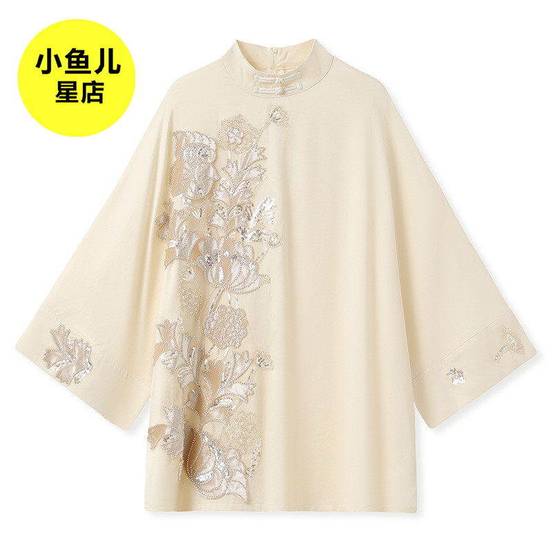 高端版复古新中式国风宽松上衣女夏季盘扣刺绣莲生珠绣中长款衬衫