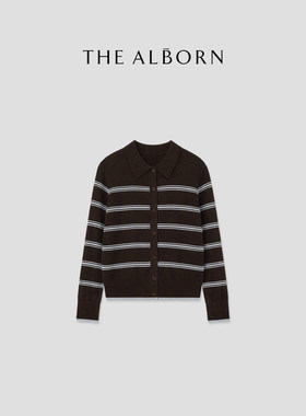 奥莉酱THE ALBORN·“书香知性”绵羊毛混纺 贝壳扣条纹针织开衫