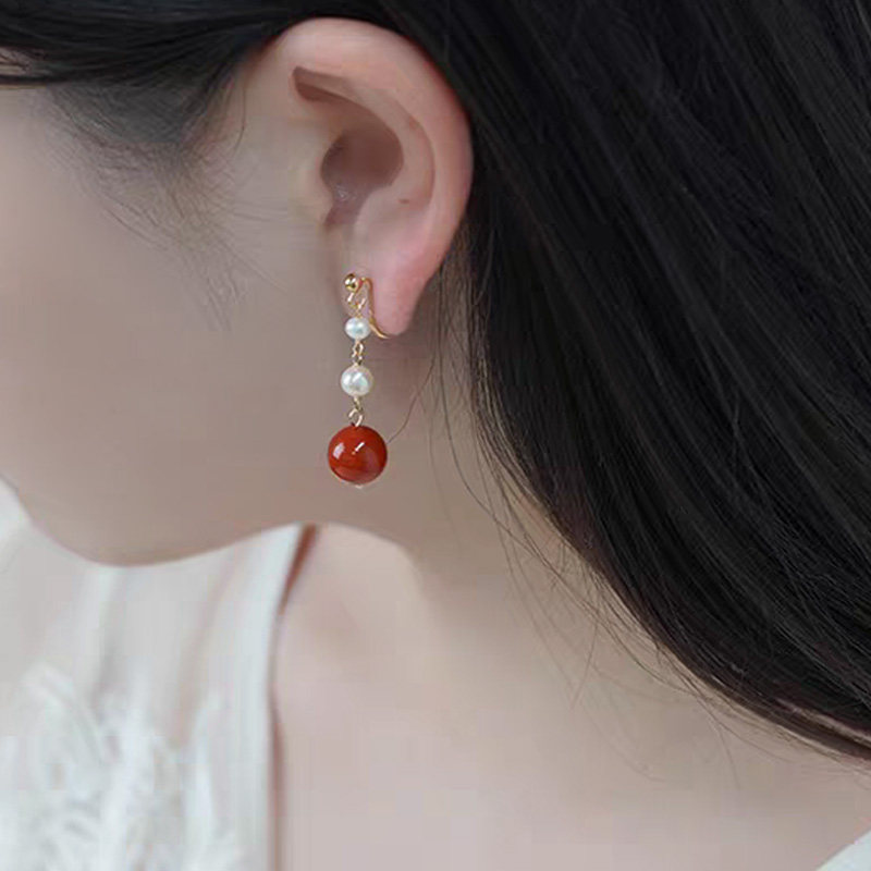天然淡水珍珠朱砂流苏耳线小众轻奢新年耳环2026新款耳饰耳夹耳钉