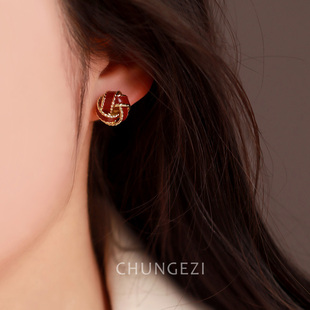 酒红色同心结耳夹女无耳洞复古蚊香盘气质耳饰轻奢感红色轻奢耳钉