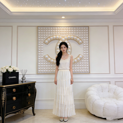 法式高级感纱裙女2026夏季高腰杏色垂坠网纱蛋糕长裙度假风半身裙