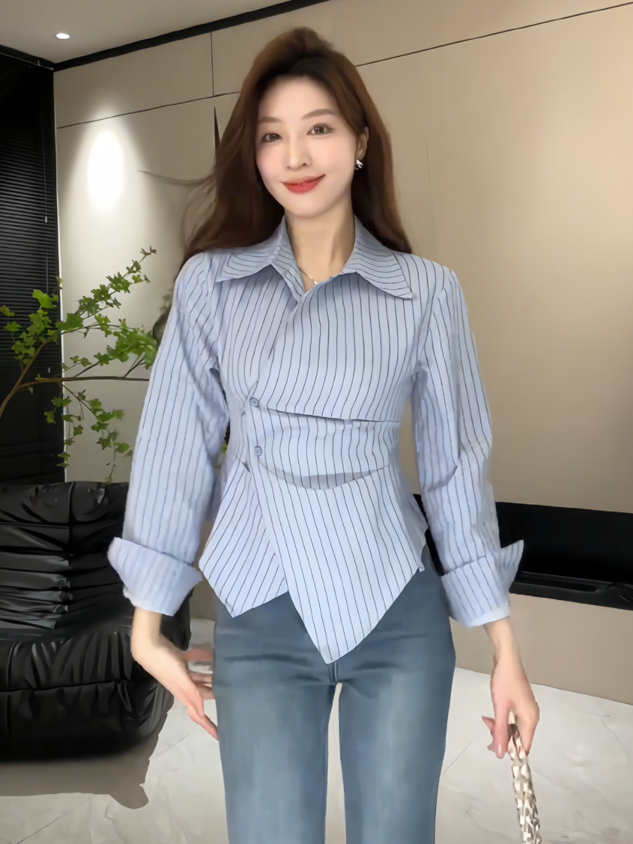 蓝条纹polo领长袖衬衫女春夏款时尚设计感小众不规则收腰褶皱小衫