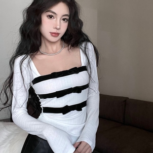 修身 韩版 新款 小众别致丝绒蝴蝶结方领长袖 显瘦加绒上衣 T恤女秋季