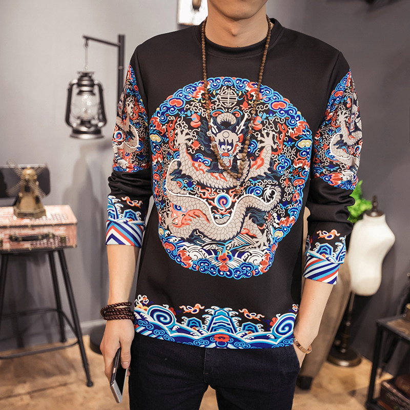 春中国风男士清朝官服刺绣龙袍卫衣圆领长袖T恤加大码胖人潮男装