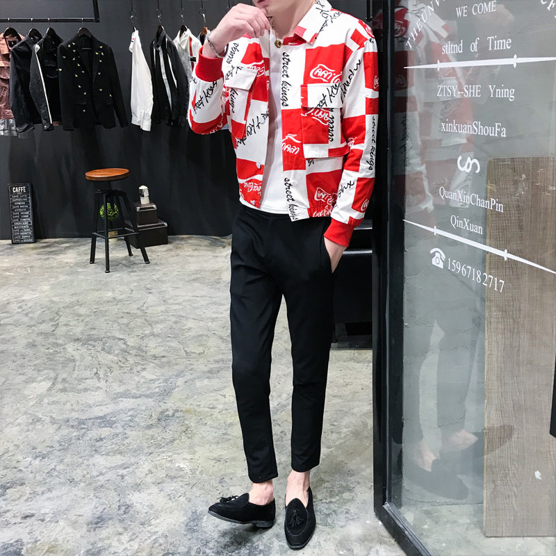 网络红人同款上衣男小伙修身秋季外套时尚韩版夹克青年轻人茄克衫