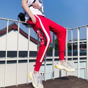 夏天运动束脚裤男士大红色休闲裤潮牌嘻哈范小脚长裤子大码哈伦裤