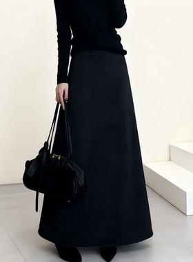 加绒加厚毛呢A字裙子高腰醋酸羊毛半身裙时尚气质法式灰色长裙子