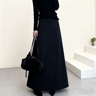 加绒加厚毛呢A字裙子高腰醋酸羊毛半身裙时尚 灰色长裙子 气质法式