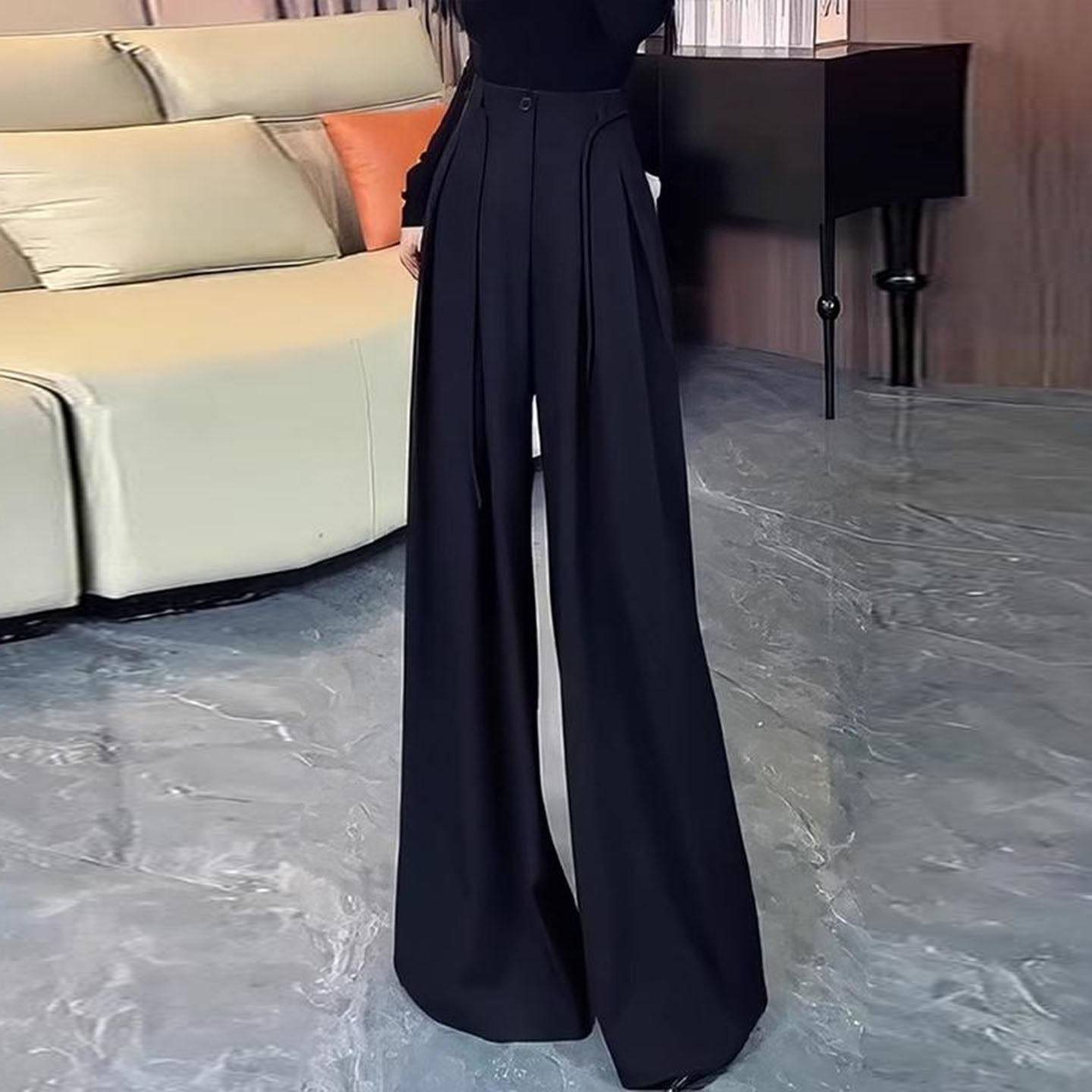 高个子气质黑色西装长裤子女夏季高腰显瘦松弛感时尚直筒拖地女裤