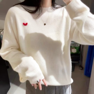 温柔韩系风100%纯山羊绒衫女秋冬圆领手工爱心毛衣宽松针织打底衫