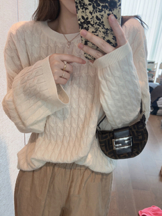 云朵芝士麻花系列阿拉善白羊绒老钱风羊绒毛衣宽松慵懒打底针织衫