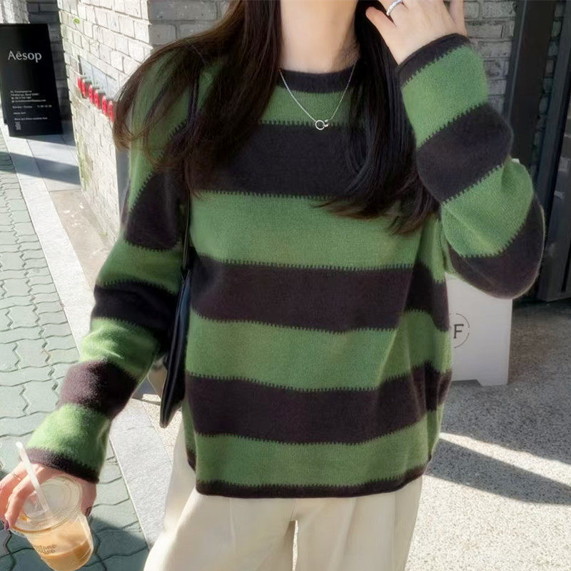 欧洲站时尚撞色设计baby纯山羊绒衫女条纹针织毛衣圆领宽松打底衫
