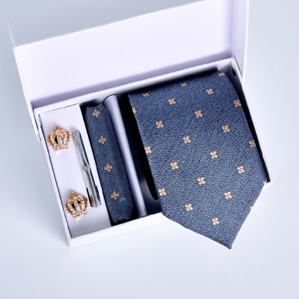 领带男士5件套白色礼盒装方巾袖扣领带夹正装职业商务条纹新款