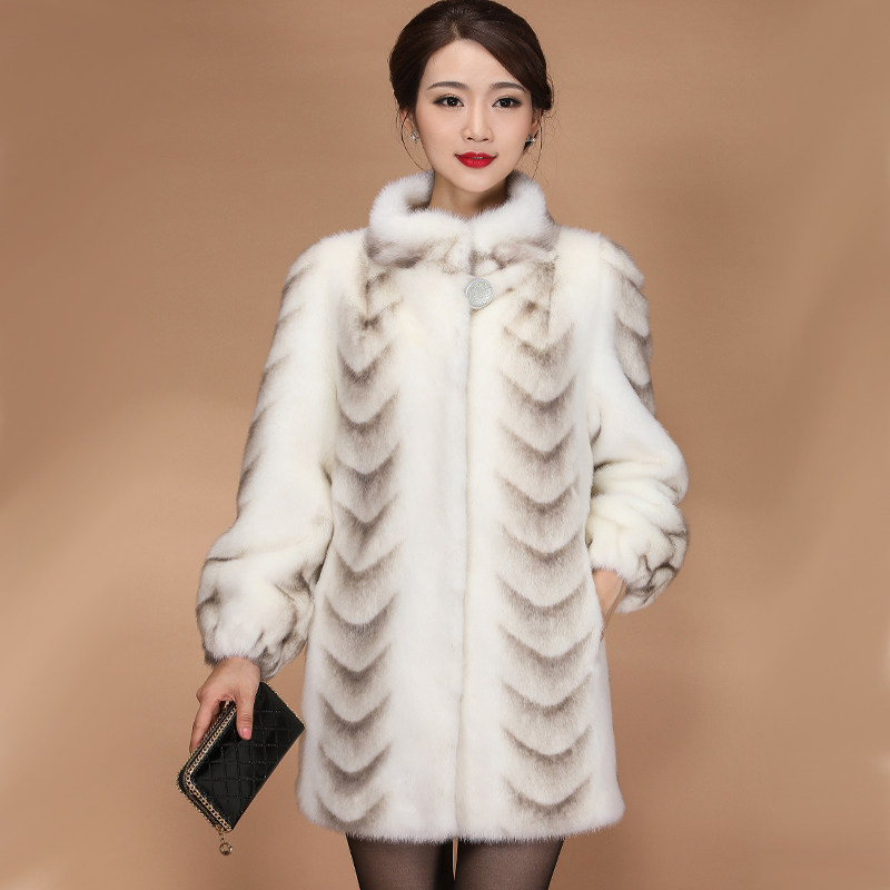 特价出口转内销女士欧貂时尚妈妈装皮草中长款貂毛外套白色十字貂