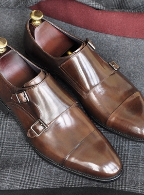意大利真皮男士商务正装皮鞋潮流憎侣鞋牛皮搭扣孟克鞋绅士手工鞋