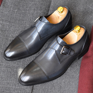 手工真皮男士商务正装皮鞋英伦尖头憎侣鞋牛皮搭扣孟克鞋时尚婚鞋