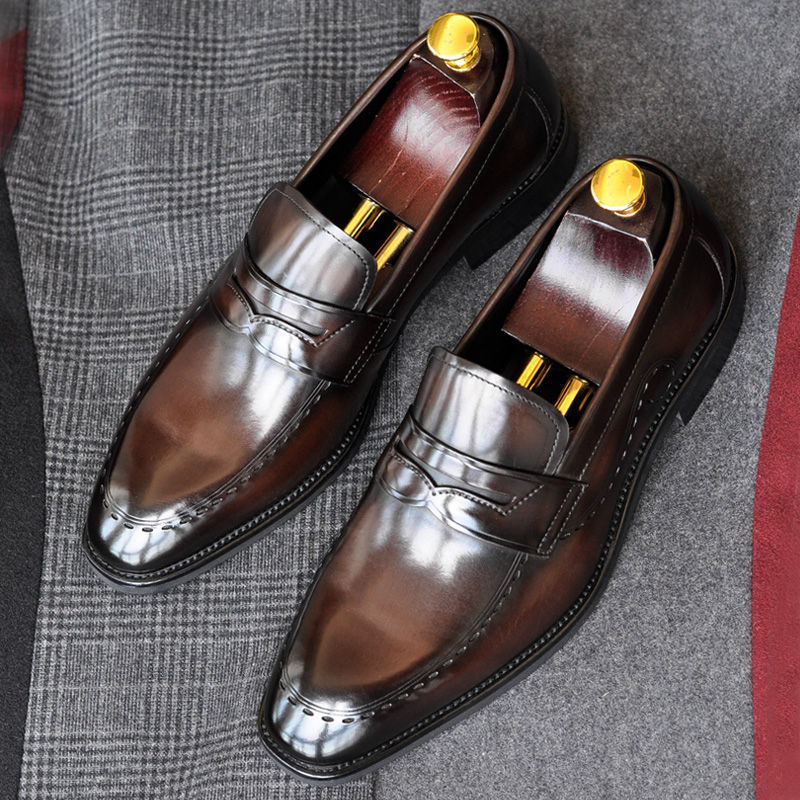 手工胎牛皮男士乐福鞋夏季透气