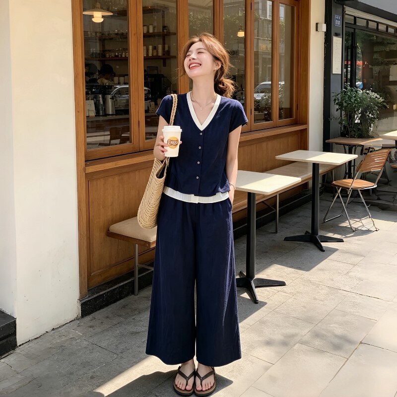 藏青色撞色V领套装女 夏季新款韩系显瘦气质时尚阔腿裤三件套