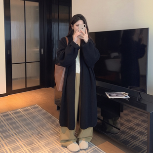 2026早秋季新款黑色长款毛衣外套针织开衫女春秋季韩系慵懒风大衣