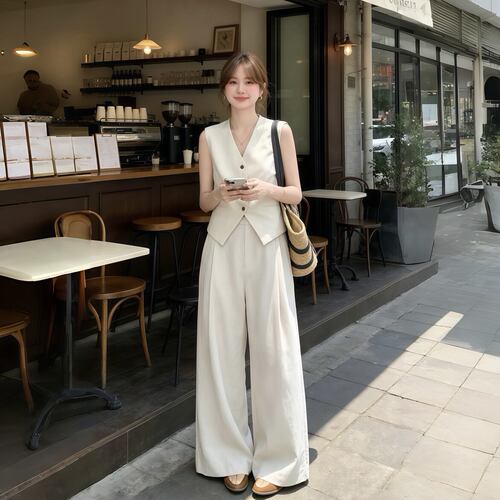 2026新款夏季两件套女老钱风亚麻西装马甲阔腿薄款透气高级感套装