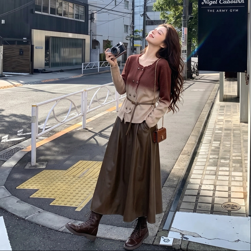 绝美渐变色针织小香风套装裙女春时尚套装