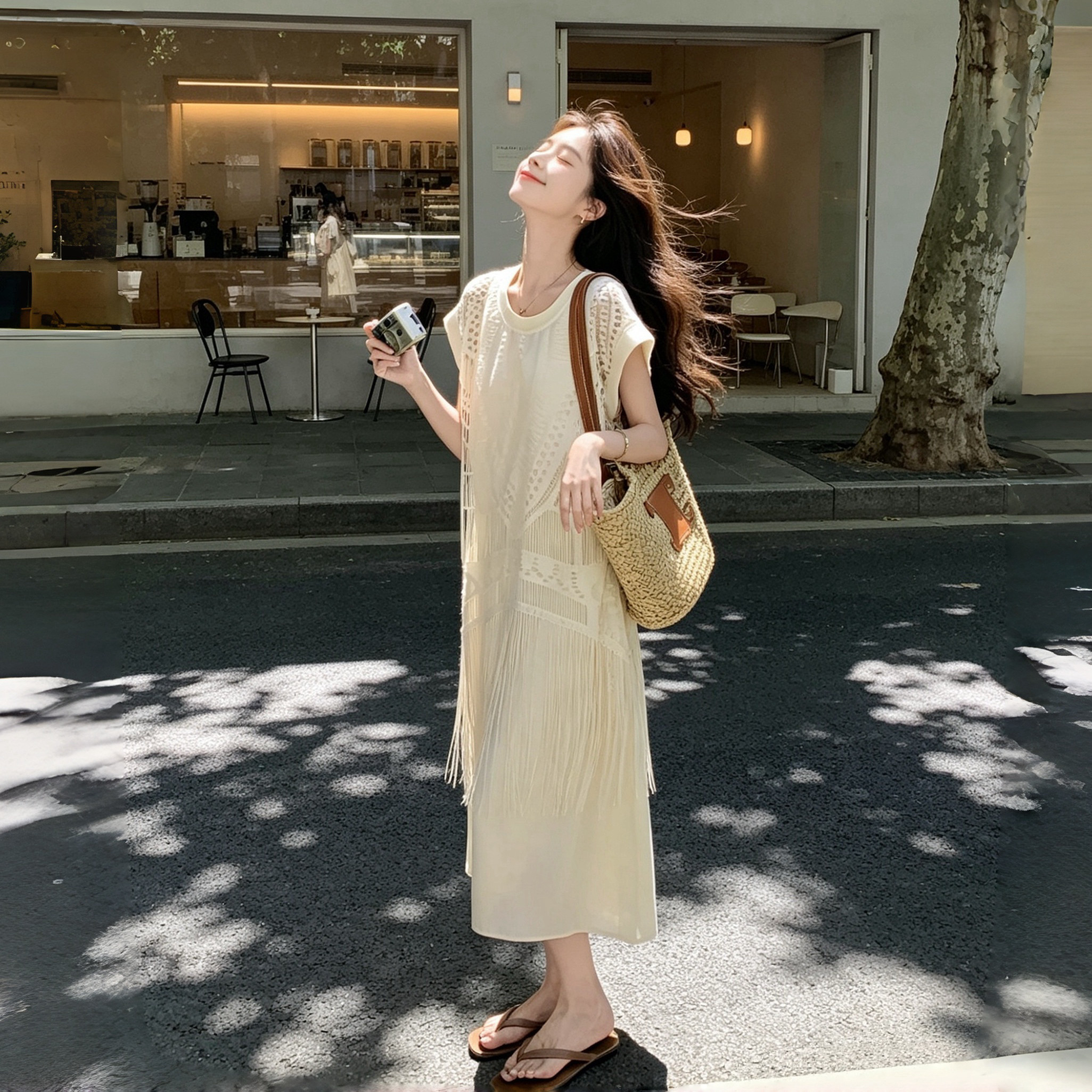 2026夏季新款小众设计感女时尚百搭显瘦法式镂空流苏假两件连衣裙