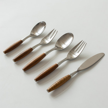 日式复古花梨木304不锈钢刀叉勺餐具西餐叉木柄汤勺甜品勺黄油刀