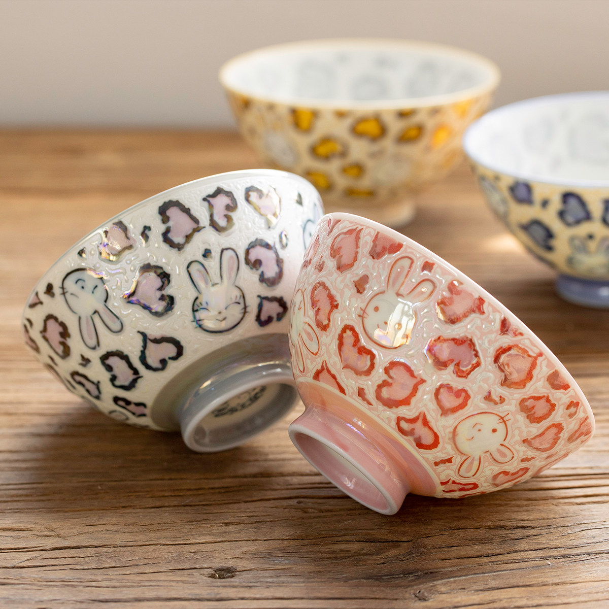 日本进口美浓烧亮面可爱兔子陶瓷碗日式米饭碗甜品碗家用餐具汤碗