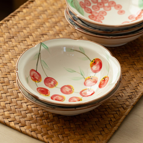 日本进口美浓烧手绘唐草樱花小食碗日式菜盘甜品盘干果盘家用骨碟