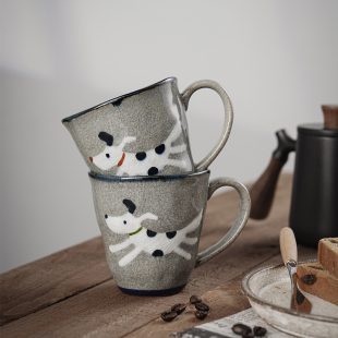 日本进口波佐见翔芳窑手绘小狗冰裂釉马克杯日式早餐杯咖啡杯水杯