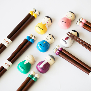 日本制POCO一家人实木筷子日式家用区分木筷卡通筷托筷架儿童筷子