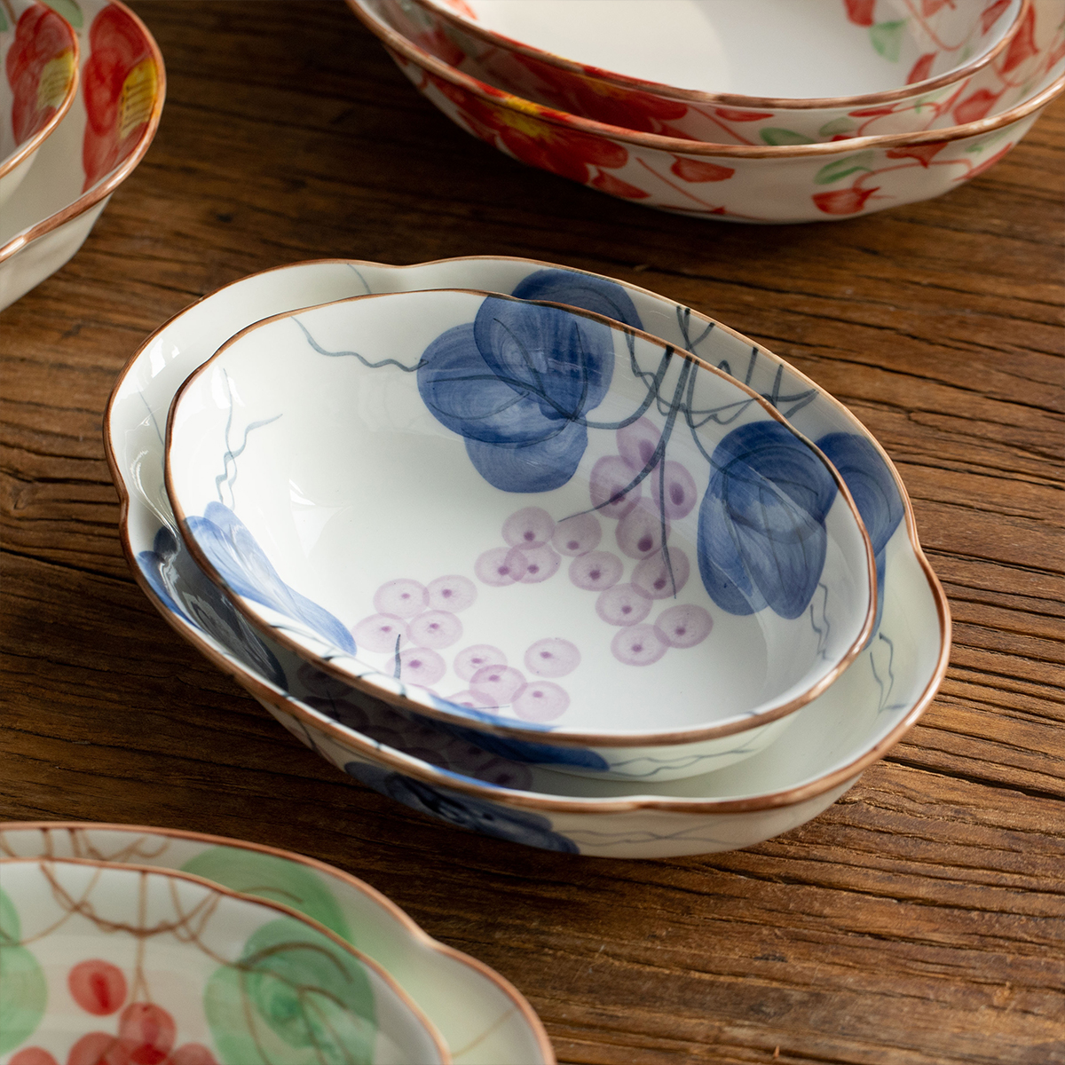 日本进口美浓烧手绘山茶花葡萄碗日式米饭碗茶点干果碗早餐碗汤碗