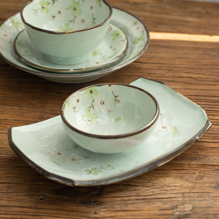 日本进口古伊烧秋樱碗盘釉下彩餐具日式米饭碗深菜盘大钵骨碟汤碗