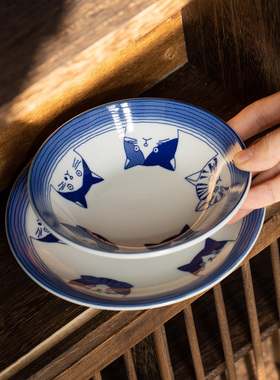 日本进口美浓烧可爱猫咪陶瓷饭盘碟餐具日式米饭碗菜盘蘸料碟汤碗