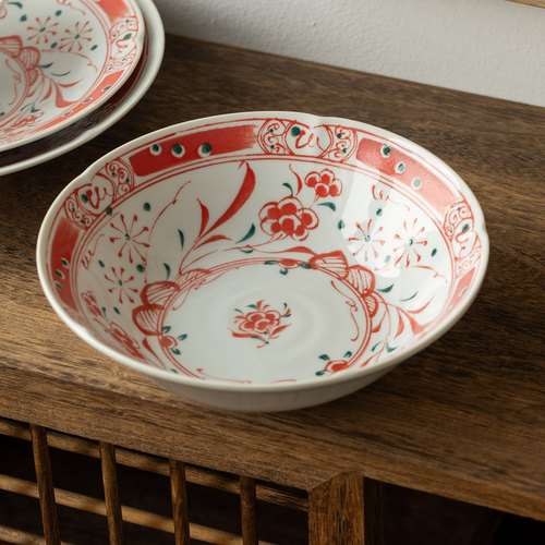 日本进口美浓烧赤绘花碗盘餐具日式米饭碗深菜盘一人食复古汤碗