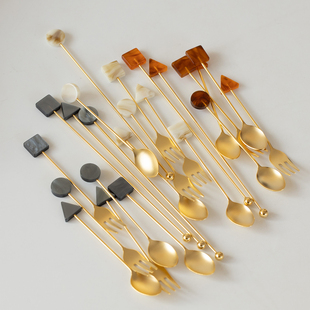 日本进口几何形状ins大理石纹餐具不锈钢金色咖啡勺点心叉搅拌棒