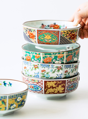 日本制美浓烧复古染锦八角钵米饭碗拌面碗汤碗水果盘日料陶瓷餐具