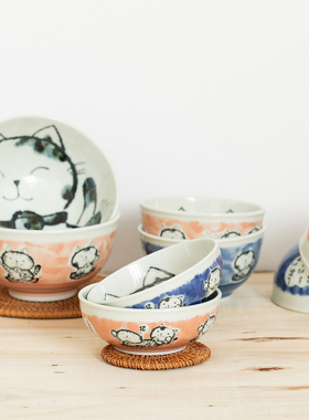 纳豆夫妇日本进口美浓烧陶瓷饭碗可爱招财猫菜盘日式面碗家用餐具