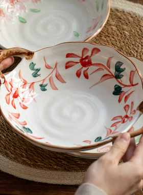 日本进口美浓烧手绘陶瓷双耳菜盘家用釉下彩意面盘日式咖喱饭盘