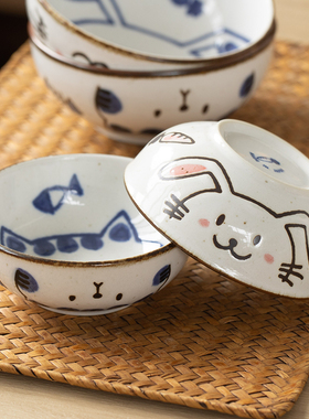 日本进口美浓烧可爱兔子猫咪陶瓷圆碗日式米饭碗家用装菜碗汤碗