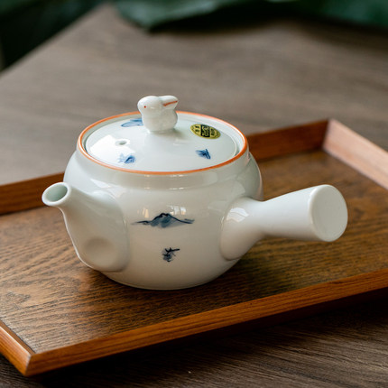 日本进口美浓烧手绘青花兔子茶壶侧把壶日式急须泡茶壶带滤网茶具
