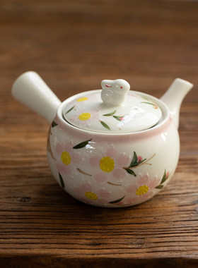 日本进口濑户烧手绘樱花兔子茶壶茶杯日式茶具急须壶配滤网侧把壶