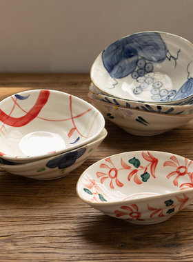 日式手绘陶瓷椭圆6寸碗茶点盘家用釉下彩凉菜盘元宝钵零食碗骨碟