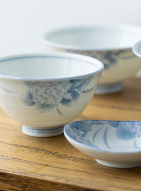 日本进口美浓烧绣球花釉下彩碗盘餐具日式米饭碗菜盘碟子鱼盘汤碗